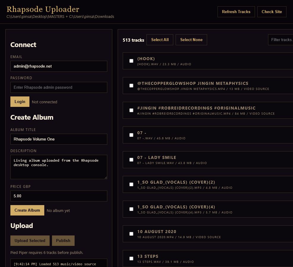 Rhapsode music uploader and album publishing dashboard